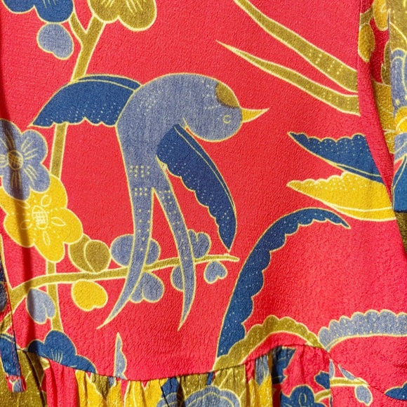 Sezane Floral Blouse Size Small Size 36 Oversized Peplum Tie Up Red Florsl Birds - Picture 7 of 13